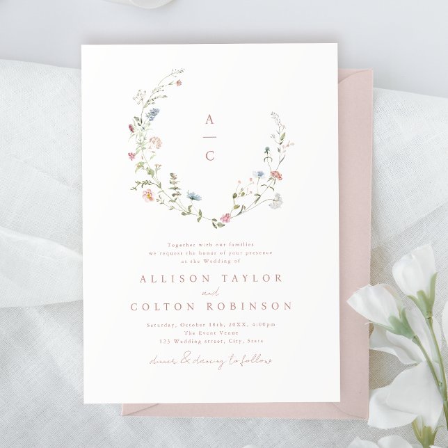 Invitation Élégant Fleur sauvage Rustic Boho Mariage monogram (Elegant Wildflower Rustic Boho Wedding monogram Invitation)