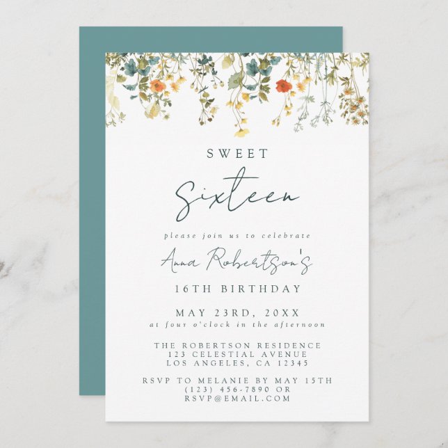 Invitation Élégant Fleur sauvage Sweet 16 Anniversaire (Devant / Derrière)