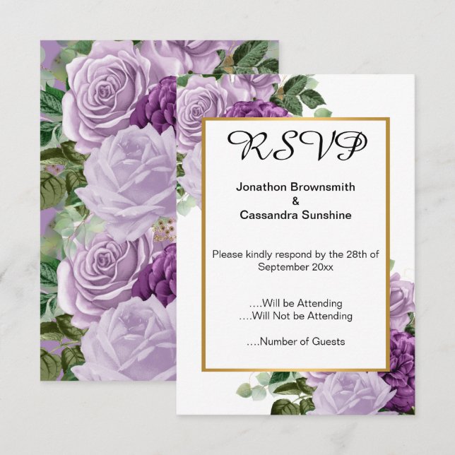 INVITATION ÉLÉGANT FLEUR VIOLET OR EUCALYPTUS ROSE RSVP (Devant / Derrière)