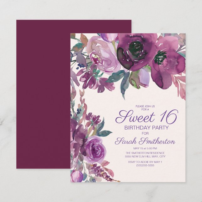 Invitation Élégant Fleurs Aquarelle Violette Douce Fille 16 A (Devant / Derrière)