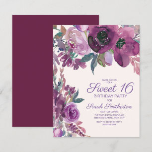 Invitation Élégant Fleurs Aquarelle Violette Douce Fille 16 A