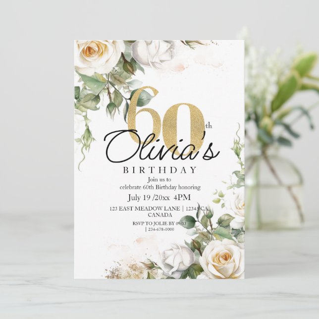 Invitation Elegant Fleurs Blanches Roses Or 60e Anniversaire (Debout devant)