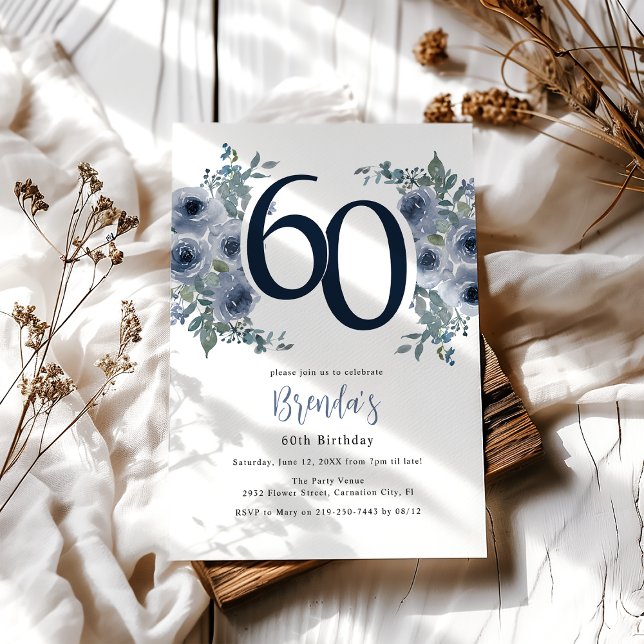 Invitation Élégant Fleurs Bleues 60e Anniversaire (Créateur téléchargé)