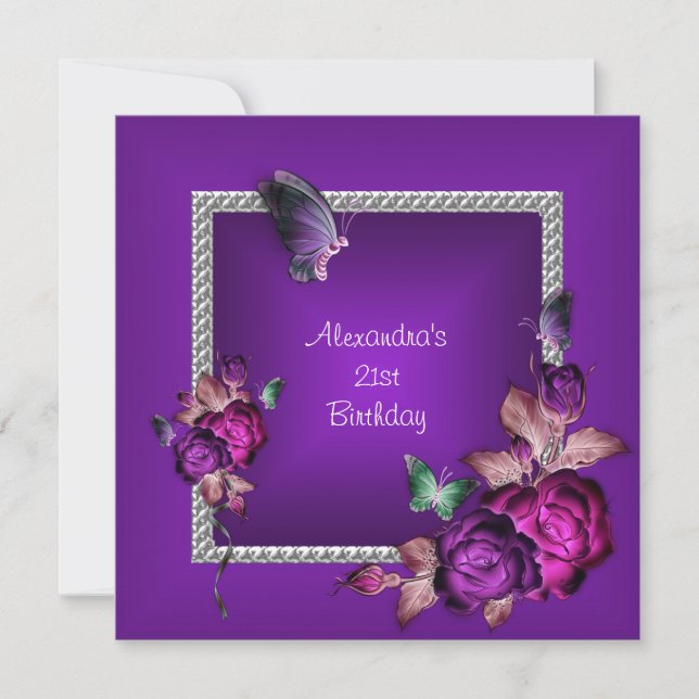 Invitation Elégant Fleurs de Bijou Violet Argent 21e Annivers (Devant)