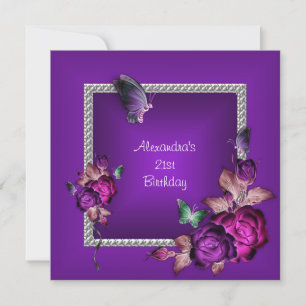 Invitation Elégant Fleurs de Bijou Violet Argent 21e Annivers