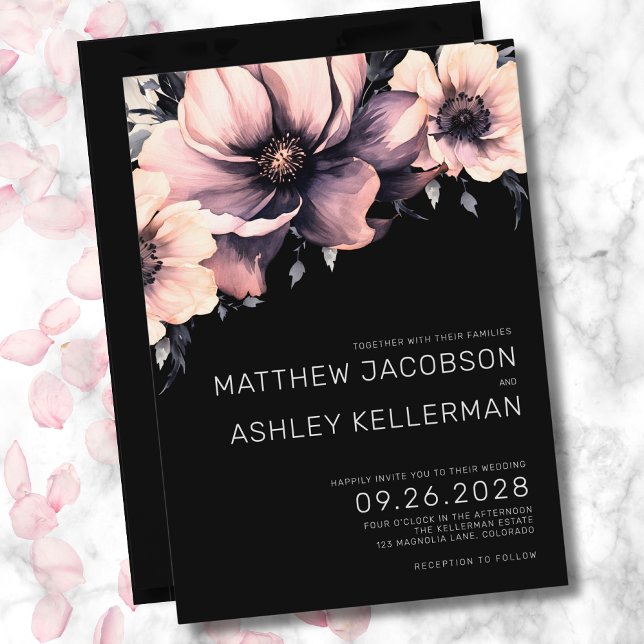 Invitation Élégant Fleurs de Mariage Rose Pâle Noir (Elegant Floral Blush Pink Black Wedding Invitation)