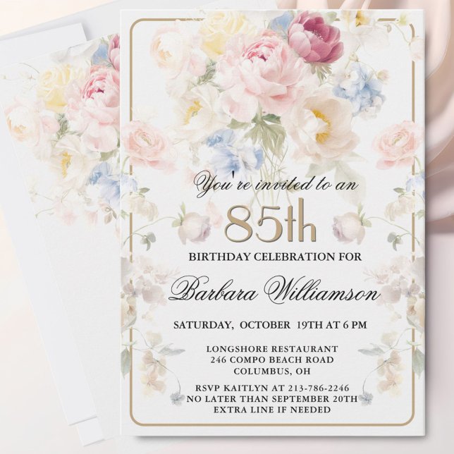Invitation Élégant Fleurs Roses Peintes pour 85e Anniversaire (Créateur téléchargé)
