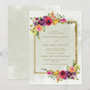 Invitation Élégant Fleurs Rouge Violet Feuilles Vertes Or