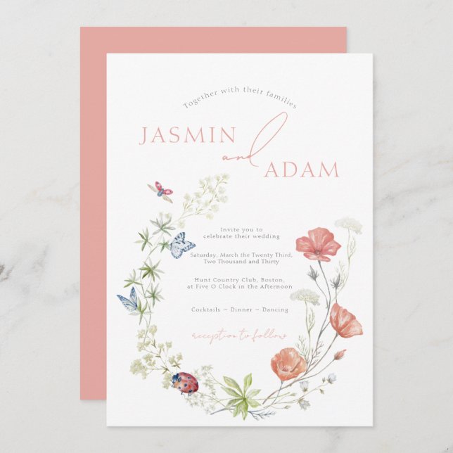 Invitation Élégant Fleurs sauvages roses et papillons Mariage (Devant / Derrière)