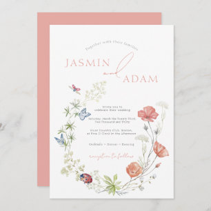 Invitation Élégant Fleurs sauvages roses et papillons Mariage