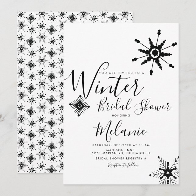 Invitation Élégant Flocon de Neige Noir Mariage Événement de  (Devant / Derrière)