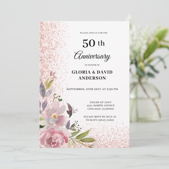 Invitation Élégant Floral 50e Anniversaire de Mariage (Debout devant)