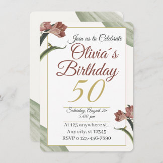 Invitation Elegant Floral 50th – Gold and Blush Flower
