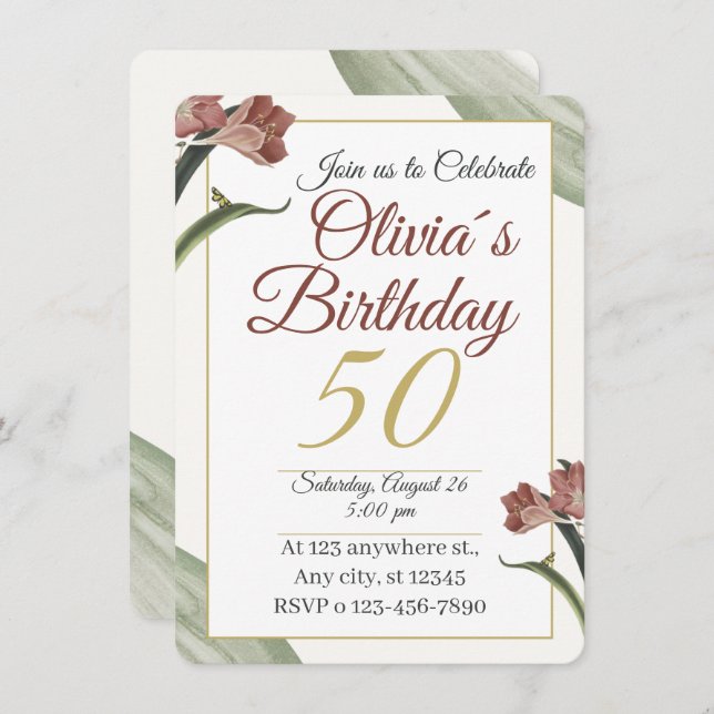 Invitation Elegant Floral 50th – Gold and Blush Flower (Devant / Derrière)