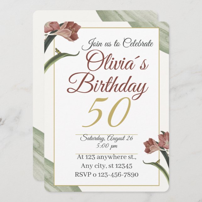 Invitation Elegant Floral 50th – Gold and Blush Flower (Devant / Derrière)