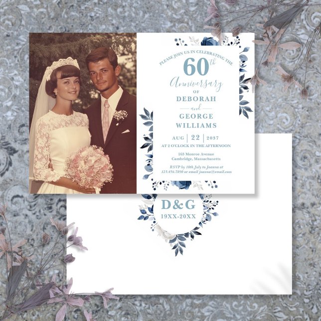 Invitation Élégant floral 60e anniversaire Mariage photo (Elegant Floral 60th Wedding Anniversary Photo Invitation)