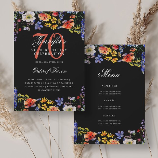 Invitation Elégant Floral 70e Anniversaire Menu Black (Elegant Floral 70th Birthday Program Menu Black)