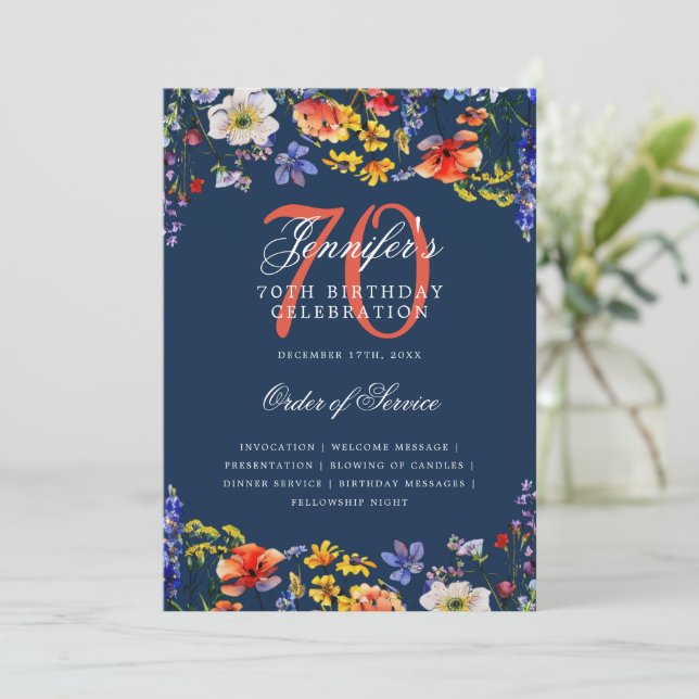 Invitation Élégant Floral 70e Anniversaire Menu Marine (Debout devant)