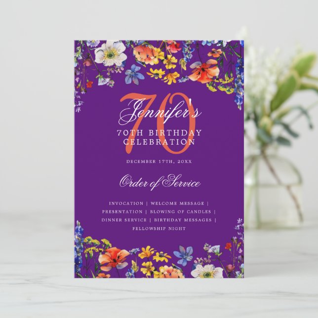 Invitation Élégant Floral 70e Anniversaire Menu Purple (Debout devant)