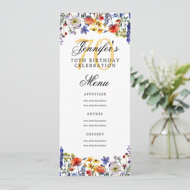 Invitation Elégant Floral 70th Birthday Party Menu (Debout devant)