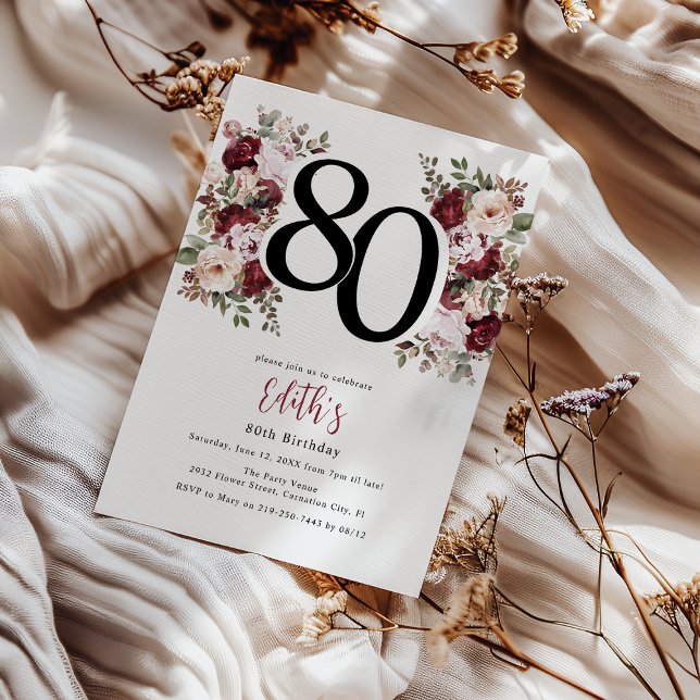 Invitation Élégant Floral 80e Anniversaire (Créateur téléchargé)