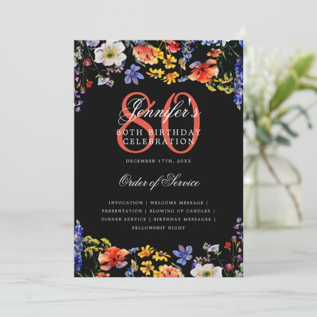 Invitation Elégant Floral 80e Anniversaire Menu Black (Debout devant)