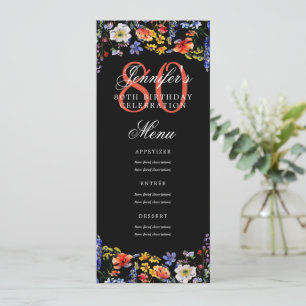 Invitation Elégant Floral 80th Birthday Party Menu Noir
