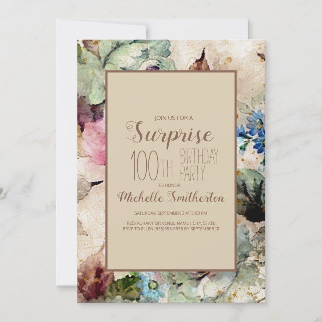 Invitation Élégant Floral Aquarelle 100e Anniversaire  (Devant)