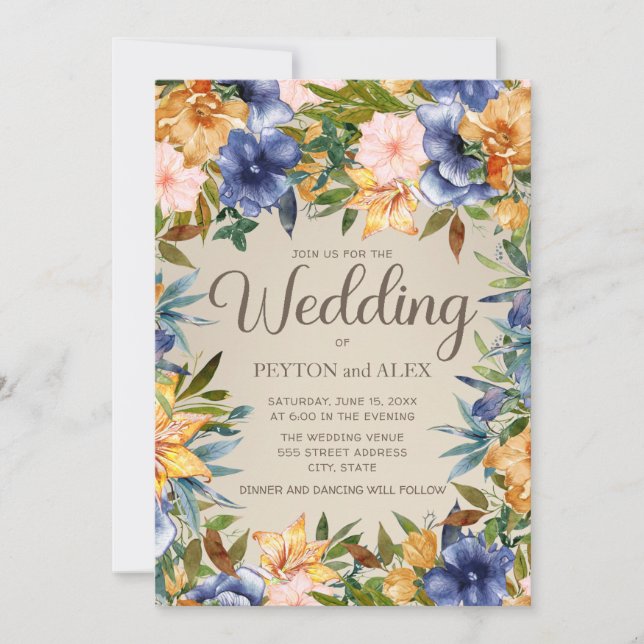 Invitation Élégant floral aquarelle bleu orange. Mariage (Devant)