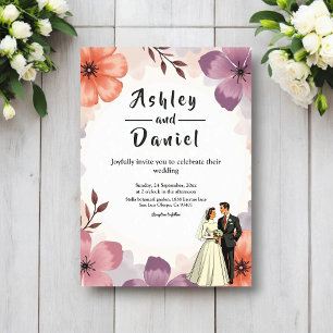 Invitation Élégant floral aquarelle couple romantique mariage
