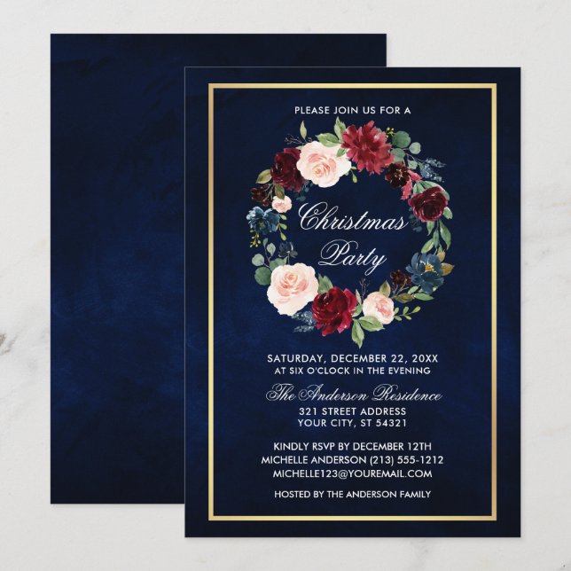 Invitation Élégant floral aquarelle Noël or (Devant / Derrière)