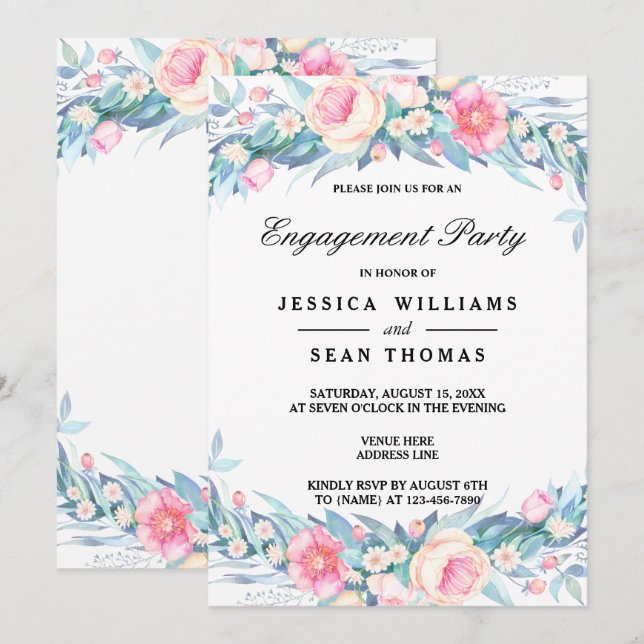 Invitation Élégant floral aquarelle pour fiançailles (Devant / Derrière)