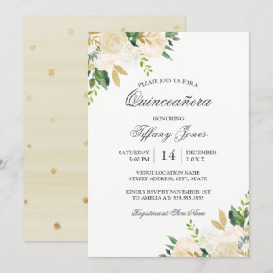 Invitation Élégant floral aquarelle Quinceanera or
