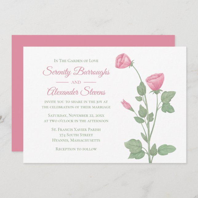 Invitation Elégant Floral Aquarelle rose Fleurs Mariage (Devant / Derrière)
