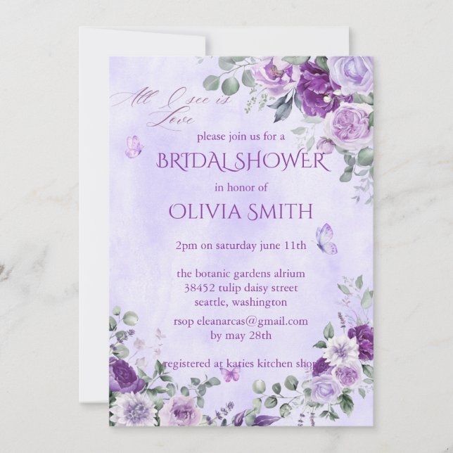 Invitation Élégant floral aquarelle violet (Devant)