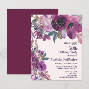 Invitation Élégant floral aquarelle violet 30e anniversaire