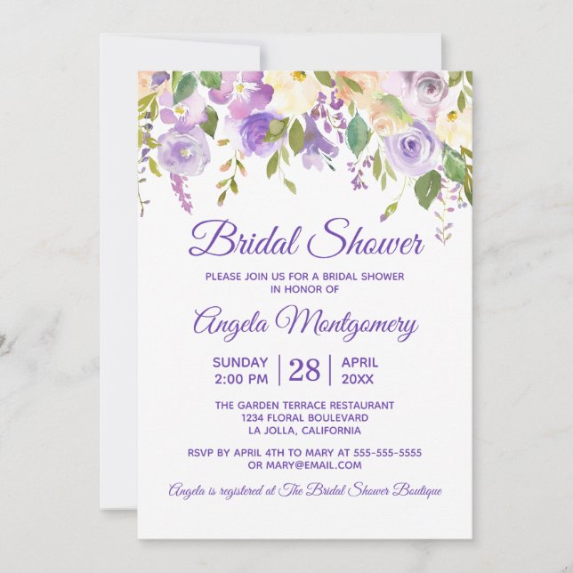 Invitation Élégant floral aquarelle violet pour la douche de  (Devant)