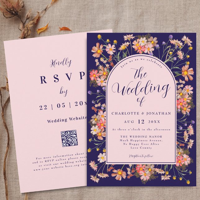 Invitation Elegant Floral Arch Navy Blue Blush Pink Wedding (Elegant Wildflower watercolor floral arch navy blue blush pink Wedding qr code invitation)