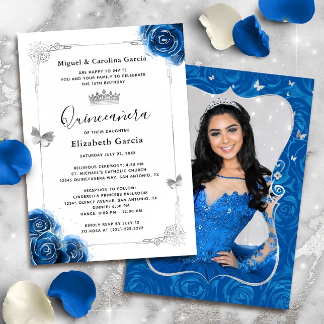Invitation Elégant floral argent Royal Blue Quinceanera Photo (Elegant royal blue and silver quinceanera invitations that you can add your personalized photo to.)