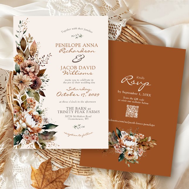 Invitation Élégant Floral Automnal Terracotta Bohème Mariage  (Elegant watercolor Fall floral terracotta rust burgundy rustic Autumn QR code wedding invitation)
