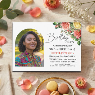 Invitation Élégant floral avec photo pour une fête d'annivers