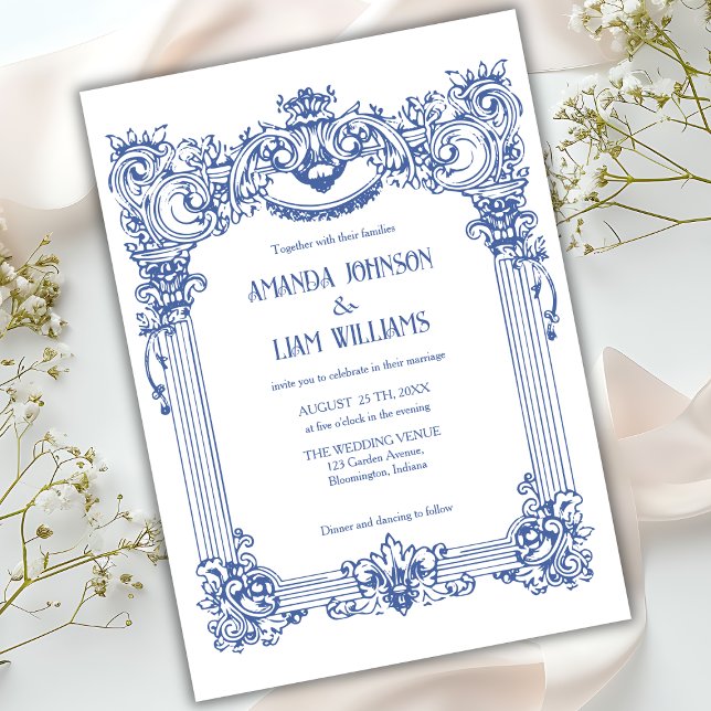 Invitation Élégant Floral Baroque Blue Colonne Mariage (Créateur téléchargé)