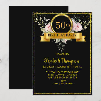 Invitation Elégant Floral Black Gold 50e anniversaire