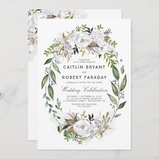 Invitation Élégant floral blanc | Aquarelle Mariage de verdur (Devant / Derrière)