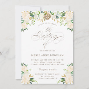Invitation Élégant Floral Blanc Beige Calligraphie Baptême