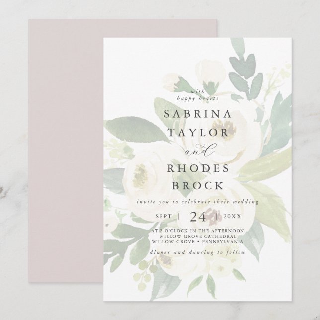 Invitation Élégant floral blanc | Blush Mauve Faded Mariage (Devant / Derrière)