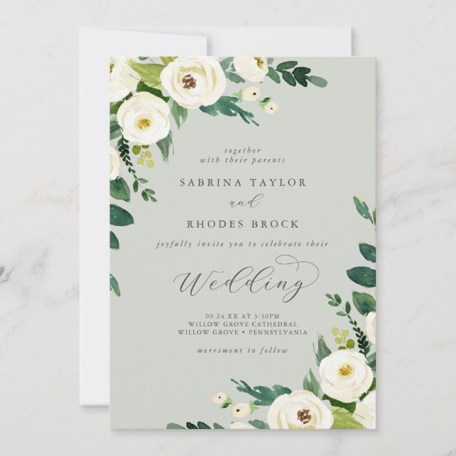 Invitation Élégant floral blanc | Mariage Sage Mint (Devant)