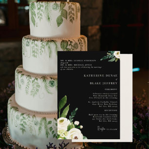 Invitation Élégant floral blanc noir et crème 2 lieu