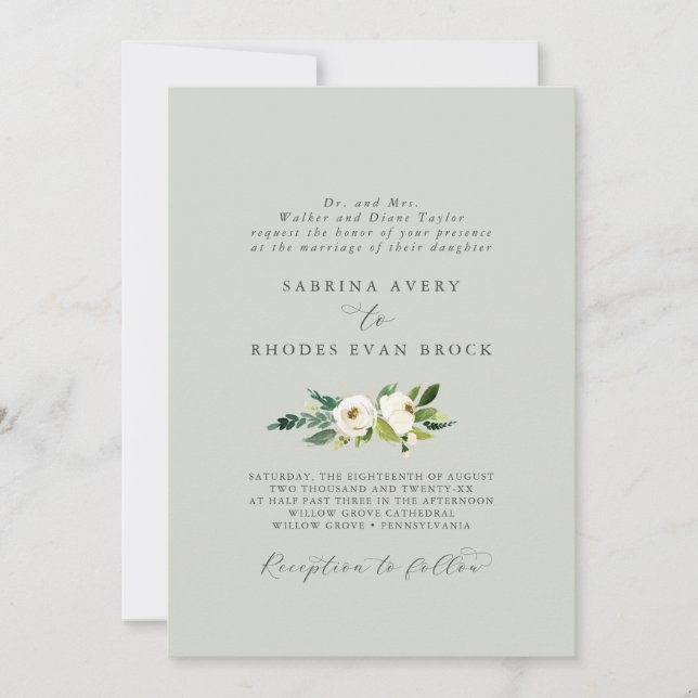 Invitation Élégant floral blanc | Sage Mint Mariage officiel (Devant)