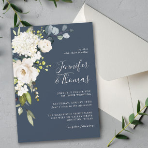Invitation Elégant floral blanc sur Mariage bleu marine